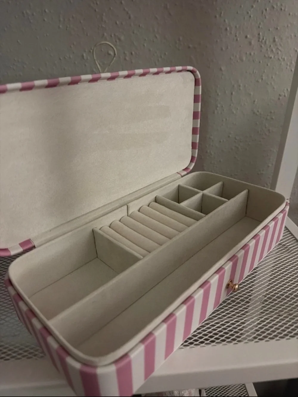 Striped Pink Jewelry Organizer Box with Ring Rolls